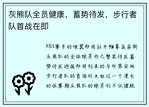 灰熊队全员健康，蓄势待发，步行者队首战在即