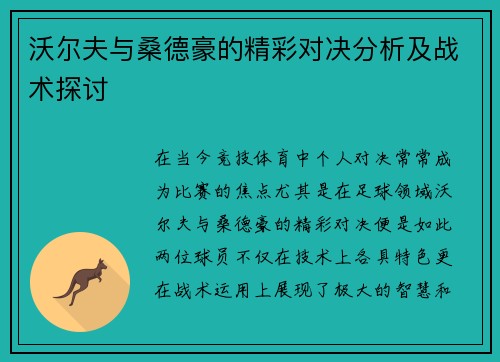 沃尔夫与桑德豪的精彩对决分析及战术探讨