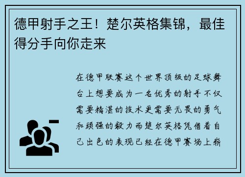 德甲射手之王！楚尔英格集锦，最佳得分手向你走来